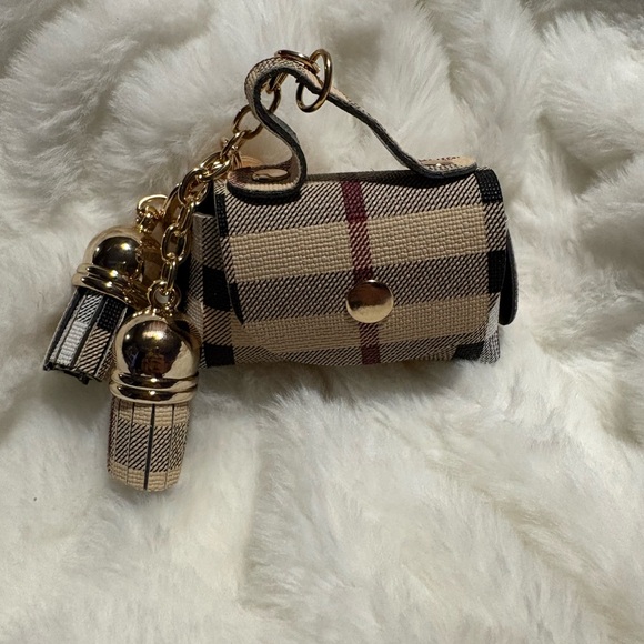Accessories - Plaid Mini Bag Keychain with Gold Accents